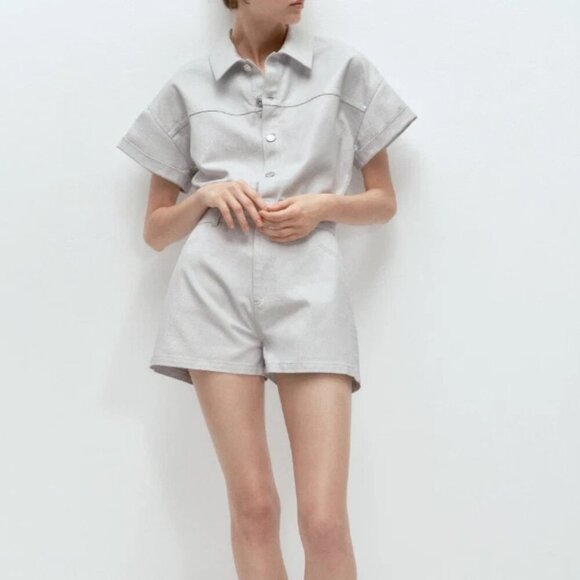 Zara Shimmery Metallic Gray Denim Jumpsuit Romper Size Medium - Picture 1 of 14